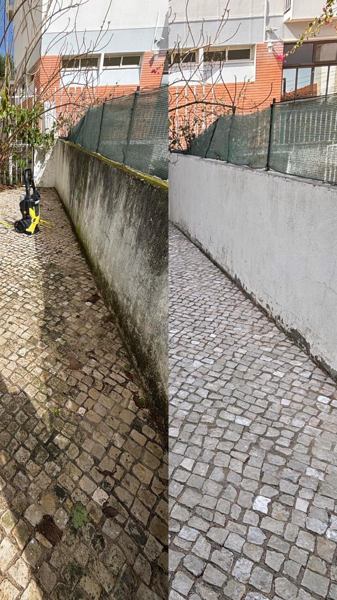 Trabalho profissional de lavagem profissional - muro e calçada antes e depois
